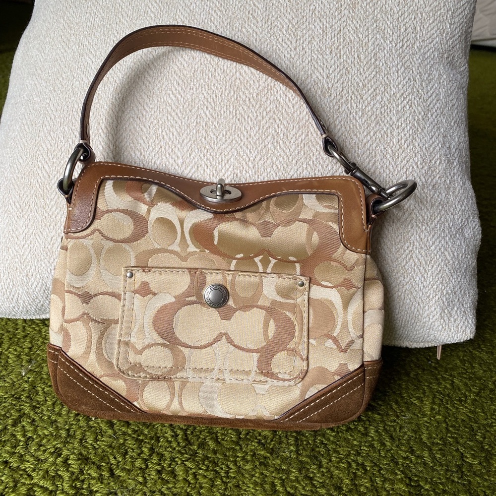 Coach signature beige suede hobo handbag